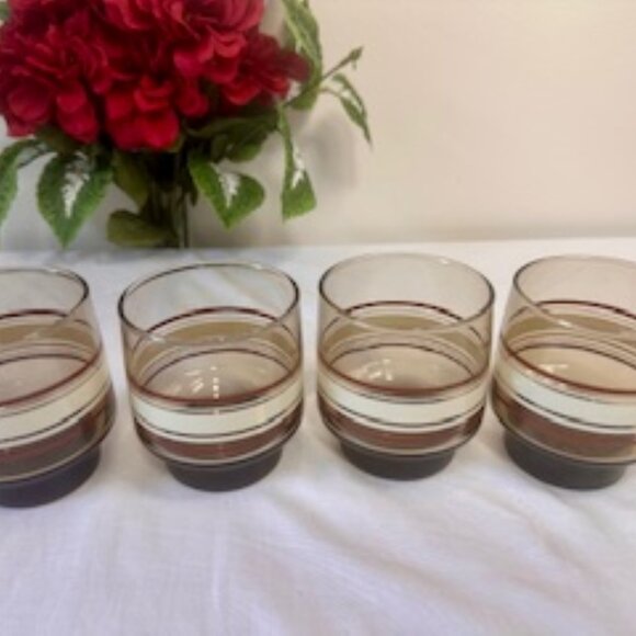 Vintage Luminarc Tivoli Smoked Lowball‎ Glasses Red & White Stripe 1970s French - Picture 6 of 10